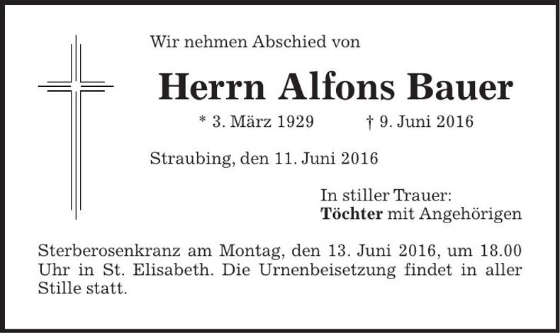 Traueranzeige Alfons Bauer