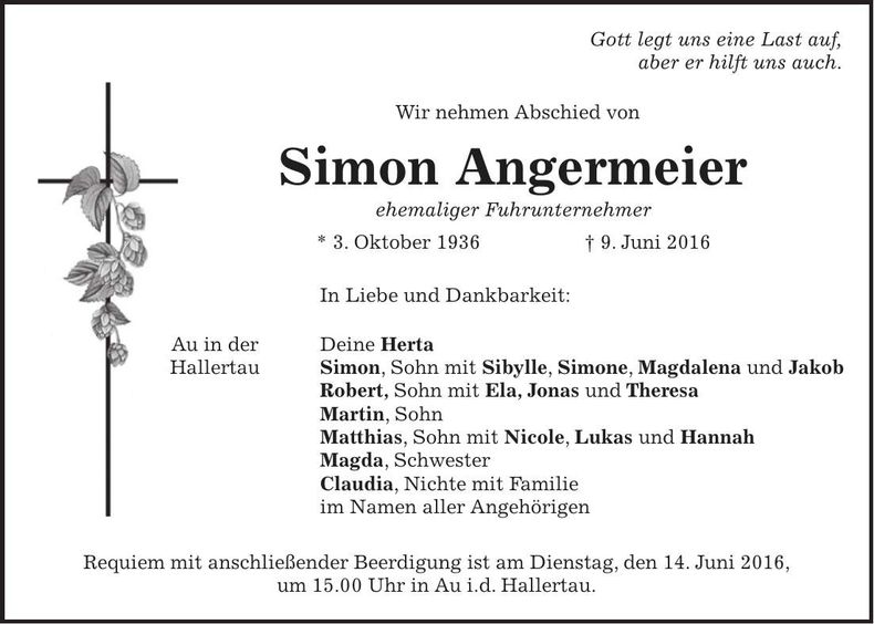Traueranzeige Simon Angermeier