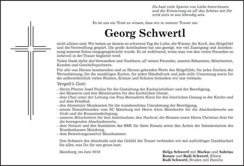 Traueranzeige Georg Schwertl
