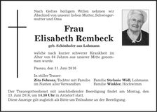 Traueranzeige Elisabeth Rembeck