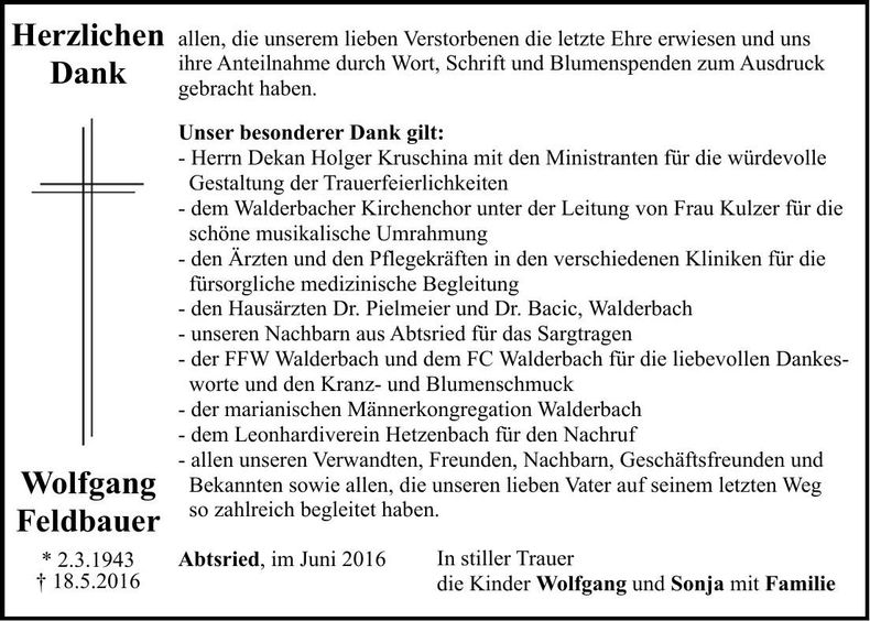 Traueranzeige Wolfgang Feldbauer