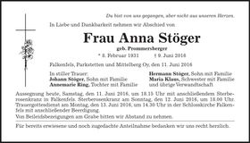 Traueranzeige Anna Stöger