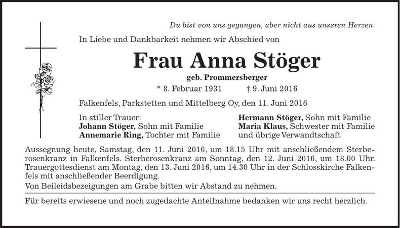 Traueranzeige Anna Stöger