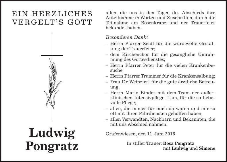 Traueranzeige Ludwig Pongratz