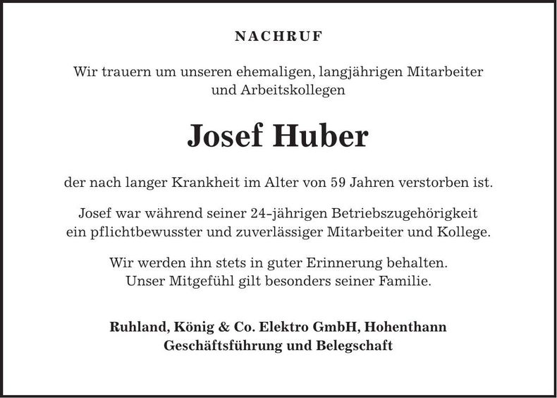 Traueranzeige Josef Huber
