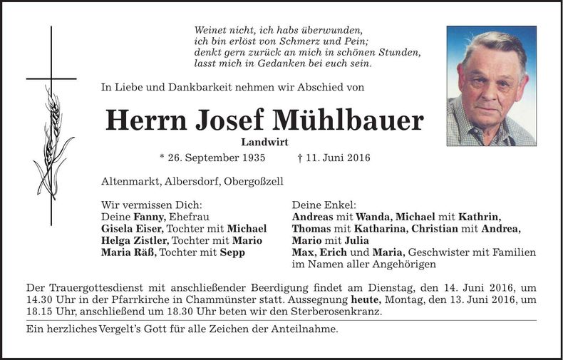 Traueranzeige Josef Mühlbauer