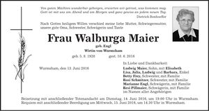 Traueranzeige Walburga Maier