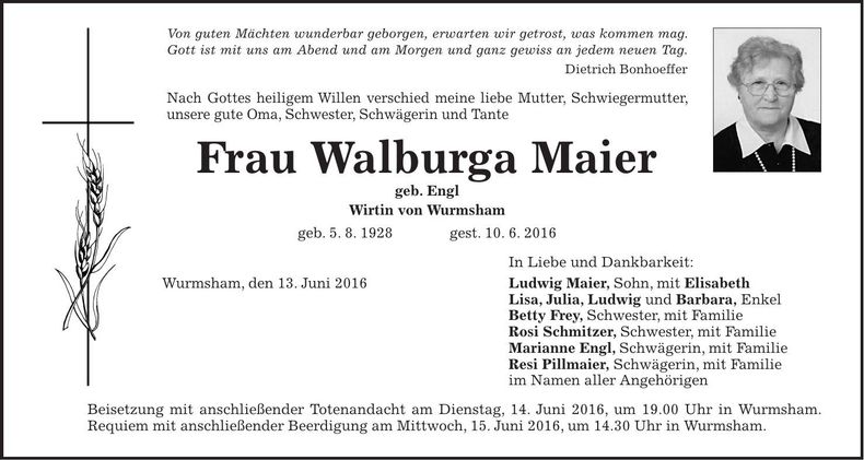 Traueranzeige Walburga Maier