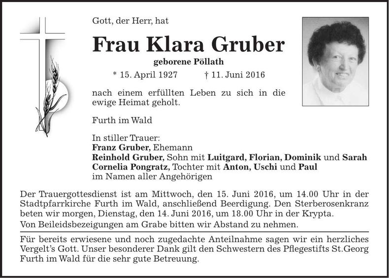 Traueranzeige Klara Gruber