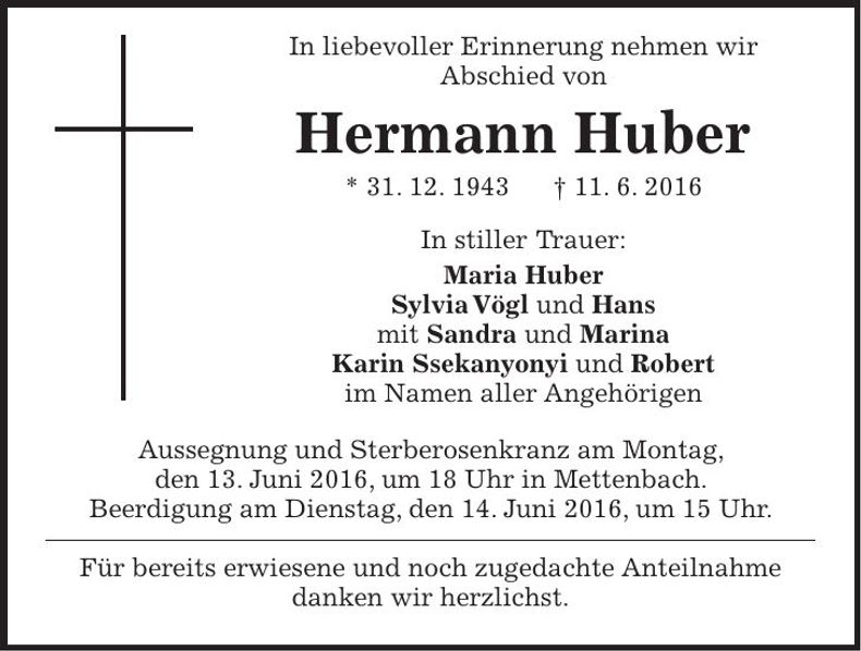 Traueranzeige Hermann Huber