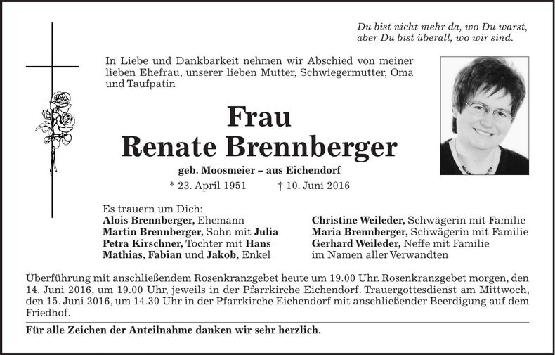 Traueranzeige Renate Brennberger