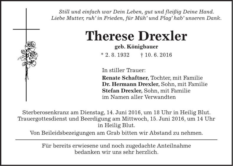 Traueranzeige Therese Drexler