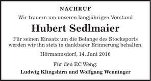 Traueranzeige Hubert Sedlmaier