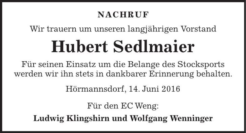Traueranzeige Hubert Sedlmaier