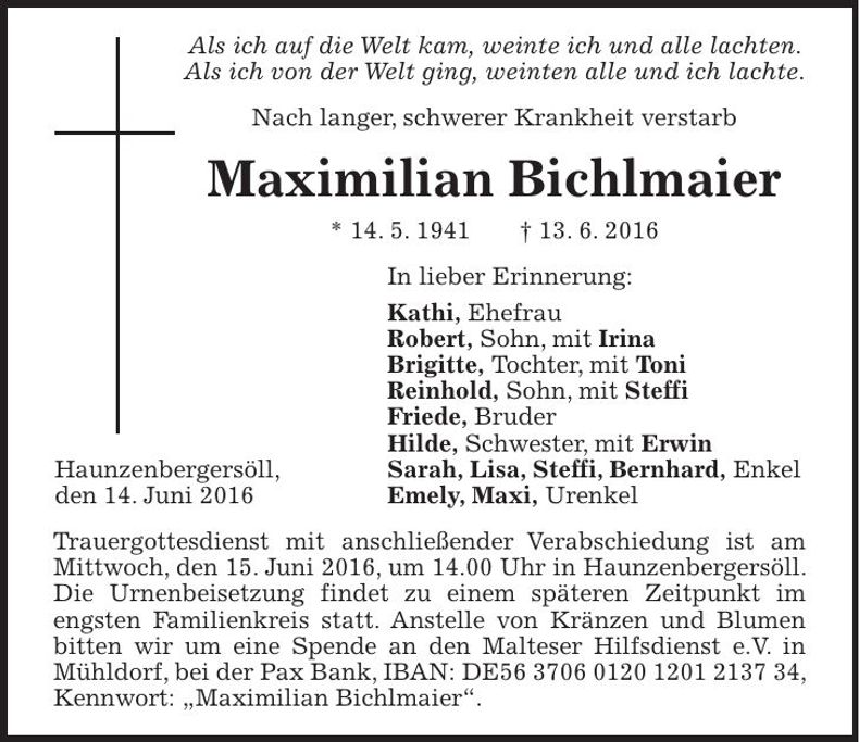 Traueranzeige Maximilian Bichlmaier