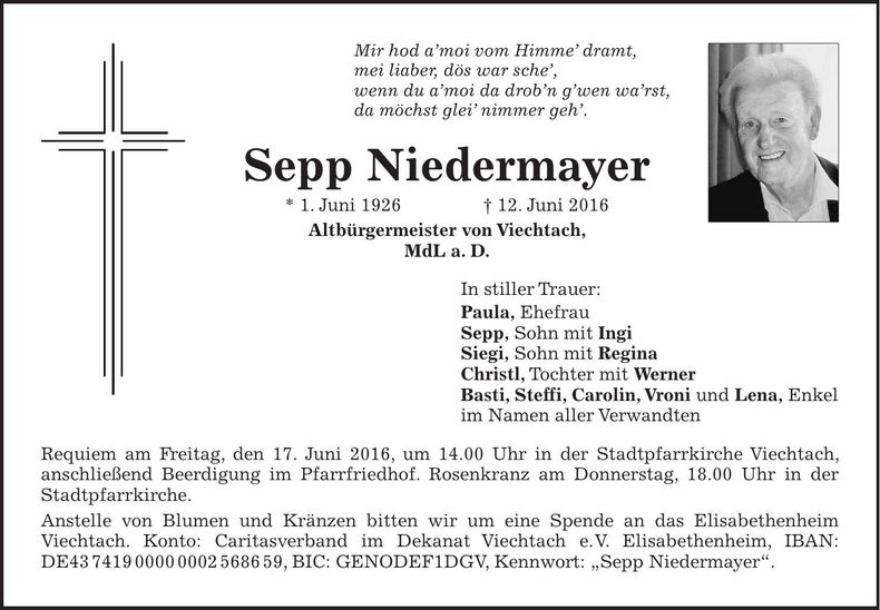 Traueranzeige Niedermayer Sepp
