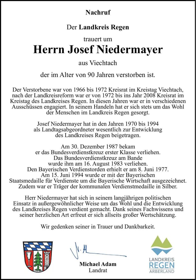 Traueranzeige Josef Niedermayer