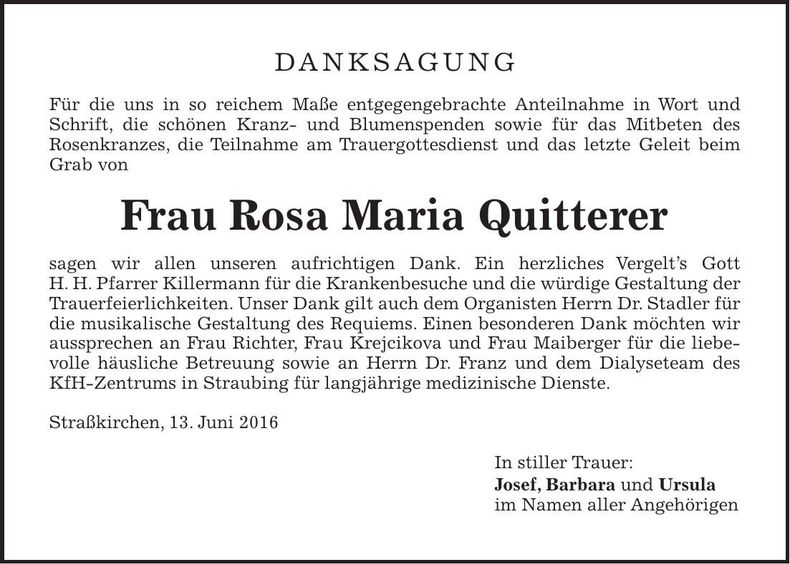 Traueranzeige Rosa Maria Quitterer