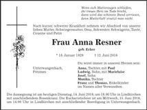 Traueranzeige Anna Resner