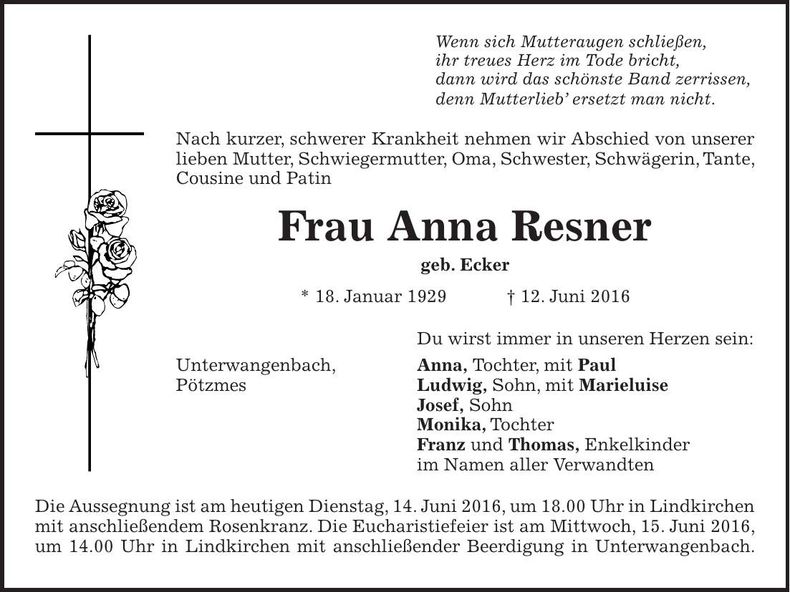 Traueranzeige Anna Resner