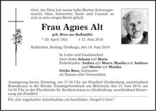 Traueranzeige Agnes Alt
