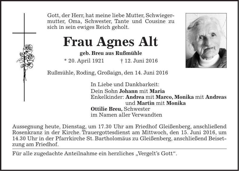 Traueranzeige Agnes Alt
