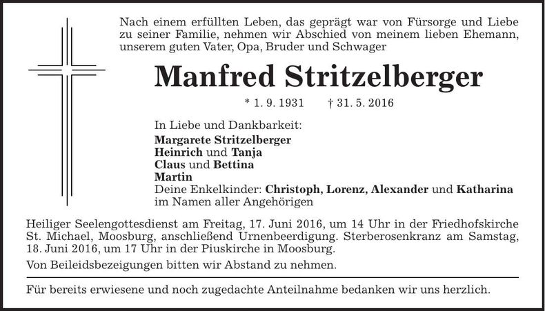 Traueranzeige Manfred Stritzelberger