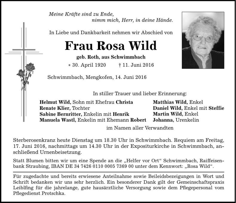 Traueranzeige Rosa Wild
