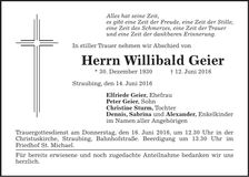 Traueranzeige Willibald Geier