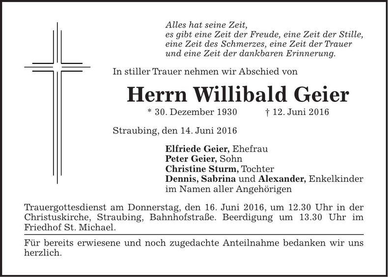 Traueranzeige Willibald Geier