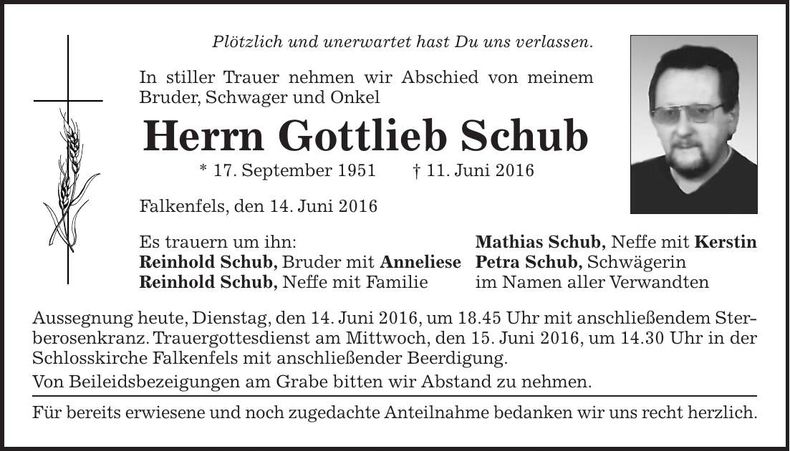 Traueranzeige Gottlieb Schub