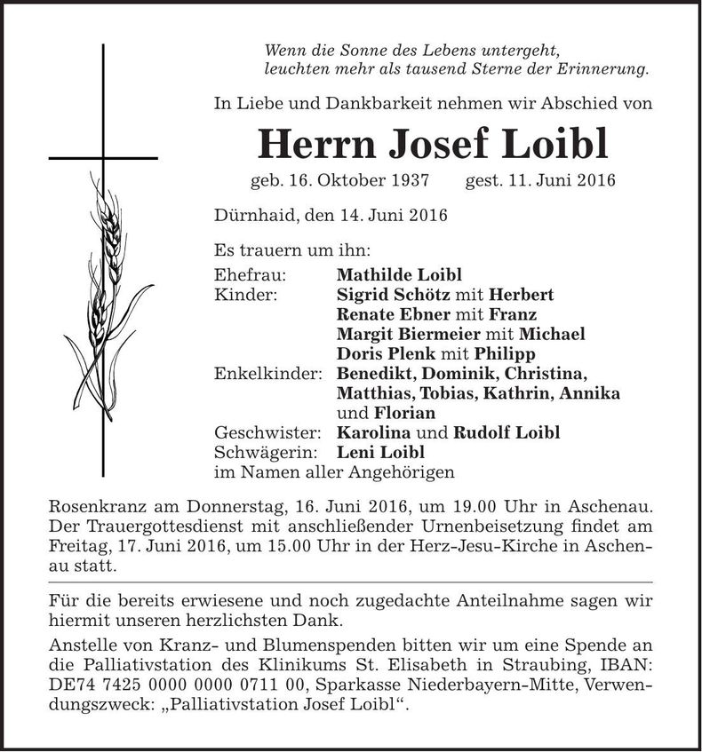 Traueranzeige Josef Loibl