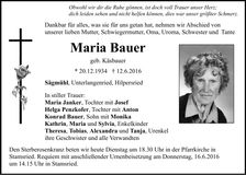 Traueranzeige Maria Bauer