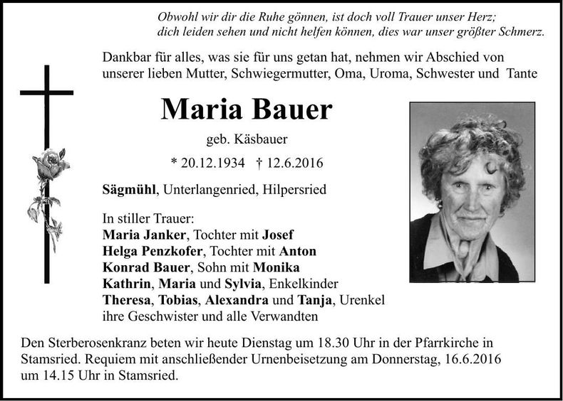 Traueranzeige Maria Bauer