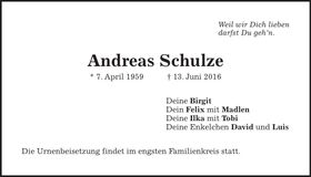 Traueranzeige Andreas Schulze