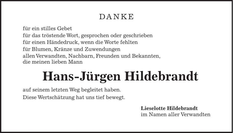 Traueranzeige Hans-Jürgen Hildebrandt