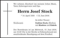 Traueranzeige Josef Stock