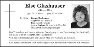 Traueranzeige Else Glashauser