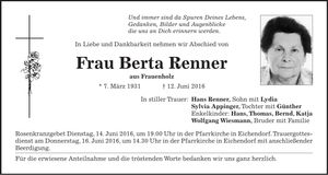 Traueranzeige Berta Renner
