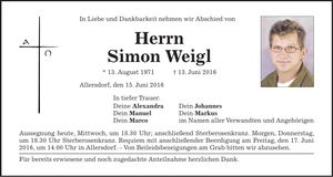 Traueranzeige Simon Weigl