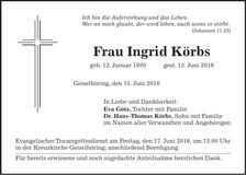 Traueranzeige Ingrid Körbs