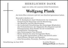 Traueranzeige Wolfgang Plank