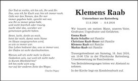 Traueranzeige Raab Klemens