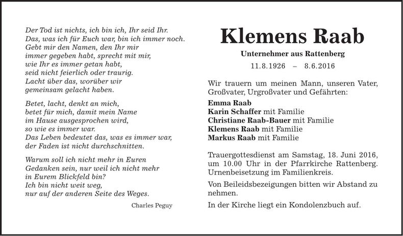 Traueranzeige Raab Klemens