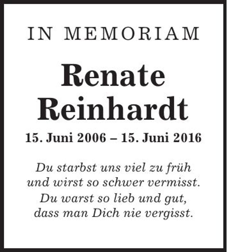 Traueranzeige Renate Reinhardt