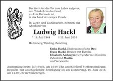 Traueranzeige Ludwig Hackl