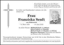 Traueranzeige Franziska Senft