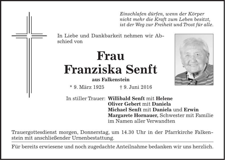 Traueranzeige Franziska Senft