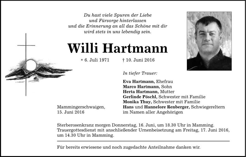 Traueranzeige Willi Hartmann