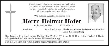 Traueranzeige Helmut Hofer